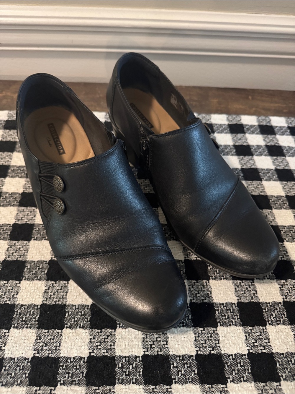 Clarks Black Leather Bootie with Side Button Detail